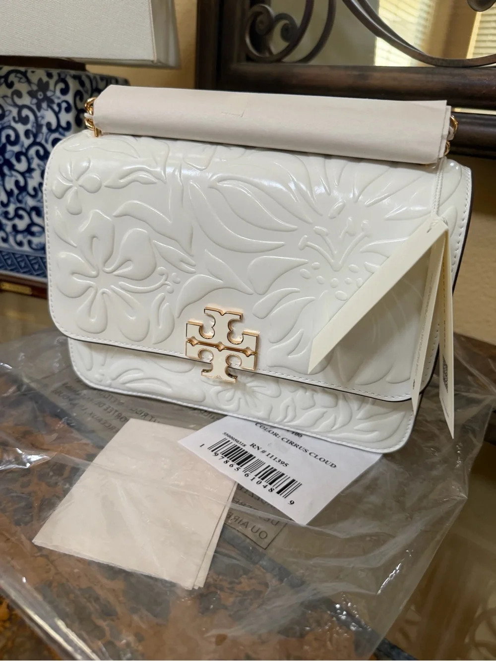 Tory Burch White Floral Embossed Leather Chain Shoulder Bag